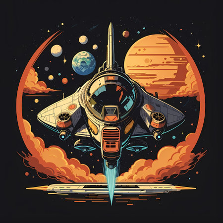 Space shuttle in the background of the planet. Vector illustration on a dark background.の素材