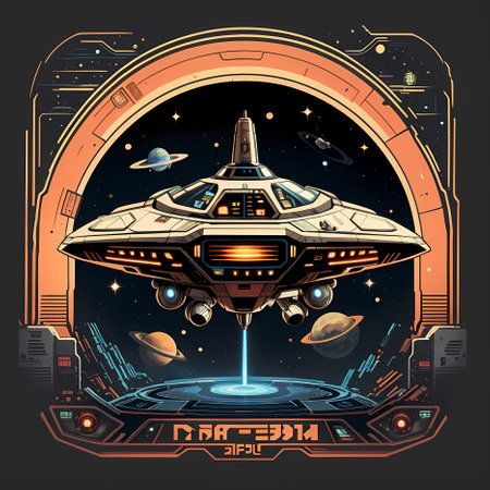 Vector illustration of futuristic spaceship with flying saucer and planets in the space.の素材