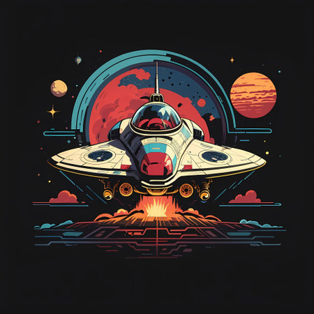Space shuttle in the background of the planet. Vector illustration in retro style.の素材