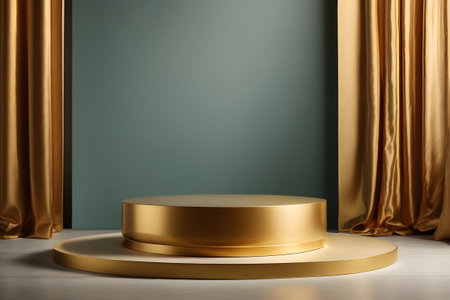 3d render of golden podium with drapery and curtains on the backgroundの素材