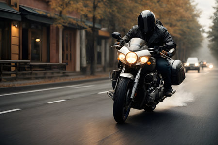 Rear view of a motorcyclist in a black jacket riding on a motorcycle on the road.の素材