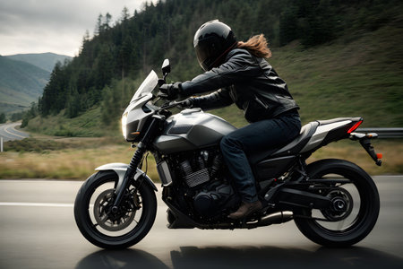 Rear view of a young woman riding a motorbike on the road.の素材