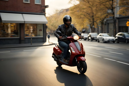Man riding a scooter on a city street, low angle viewの素材