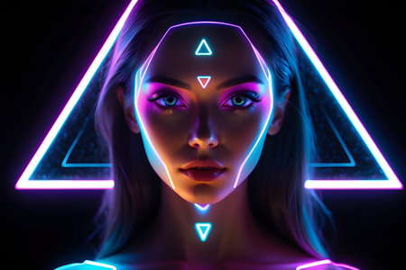 3d illustration of a futuristic woman with neon lights on her faceの素材