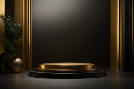 Black podium with gold decoration on black background. 3D rendering.の素材