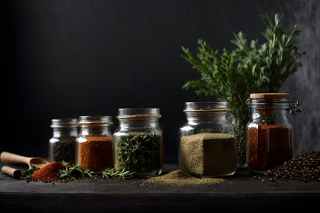 Spices and herbs in glass jars on a black background, verticalの素材