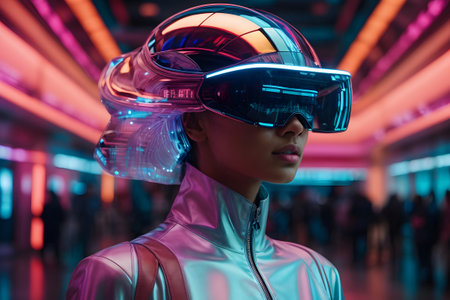 3d rendering of a female cyborg wearing virtual reality goggles in a futuristic spaceの素材