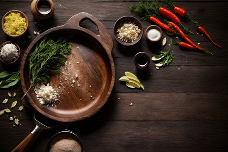 Raw ingredients for cooking rice on wooden background. Top view with copy spaceの素材