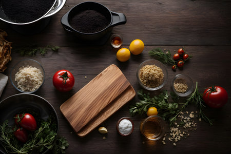 ingredients for cooking risotto on a wooden table, top viewの素材