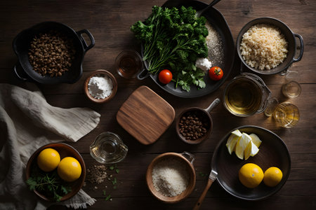 Ingredients for cooking risotto on wooden background, top view, copy spaceの素材