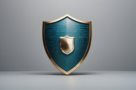 Protection shield with binary code on grey background. 3d illustrationの素材