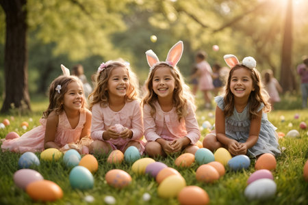 Happy Easter! Cute little children with bunny ears on Easter egg huntの素材