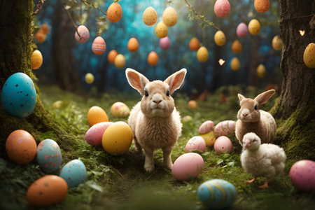 Easter bunny and easter eggs in the forest. Easter backgroundの素材
