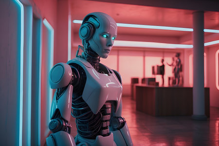 3D rendering of a female robot in a futuristic interior with neon lightsの素材