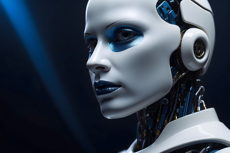 3d rendering humanoid robot with blue eyes on dark background, artificial intelligence conceptの素材