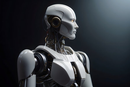 3d rendering humanoid robot or cyborg with copy space on black backgroundの素材