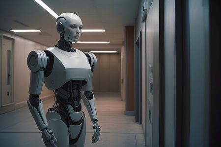 3d rendering humanoid robot working in the hallway of an office buildingの素材