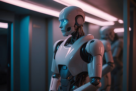 3d rendering humanoid robot in a dark corridor with neon lights.の素材