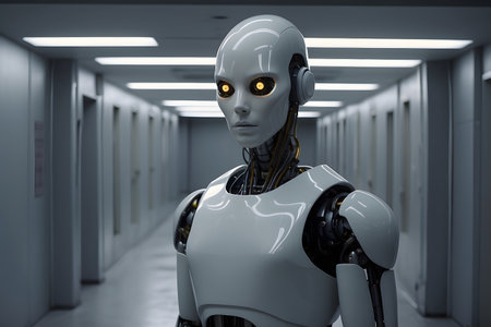 3d rendering humanoid robot in the hallway of a modern office buildingの素材