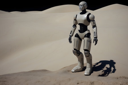 3d rendering of a female robot standing in the sand dunesの素材