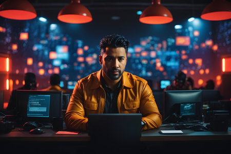 Portrait of a young man in a yellow jacket working on a laptop in a dark officeの素材