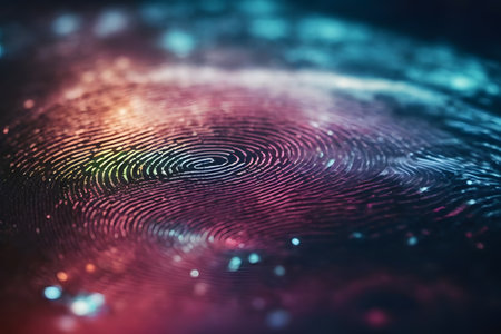 3D illustration Fingerprint scan provides security access with biometrics identification.の素材