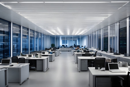 Modern open space office interior with computers on desks. 3d renderingの素材
