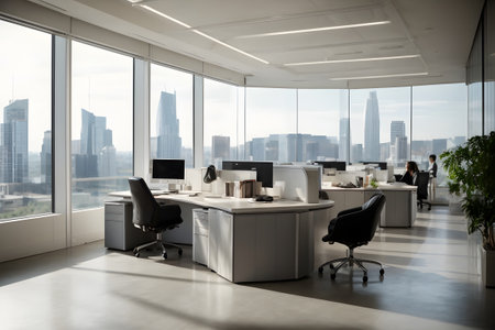 Modern office interior with panoramic window and city view. 3D Renderingの素材