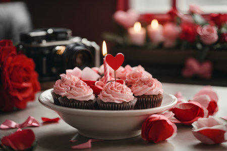 Delicious cupcakes with heart shaped candle on table, closeupの素材