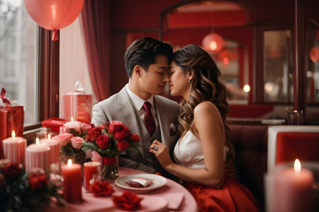 Beautiful young couple in a restaurant celebrating Valentine's Day with candlesの素材
