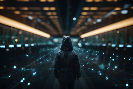 Hacker in a dark corridor with binary code. Cybercrime concept.の素材