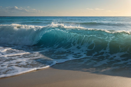 Beautiful seascape with waves on sandy beach at sunset.の素材