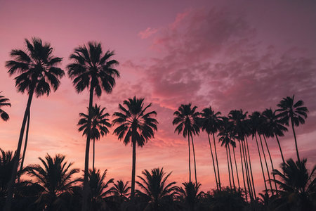 Silhouette of palm trees on sunset background. Vintage tone.の素材
