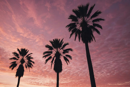 Silhouette of palm trees on sunset background. Vintage tone.の素材