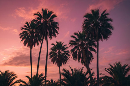 Palm trees silhouettes at sunset. Tropical background. Vintage filter.の素材
