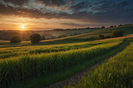 Sunset over wheat field in South Bohemia, Czech Republic.の素材