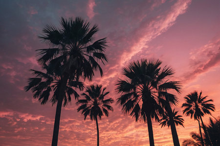Silhouette of palm trees at sunset, vintage toned.の素材