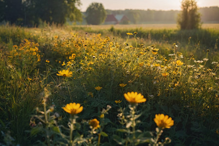 Wildflowers in a meadow at sunrise in summer. Rural landscape.の素材