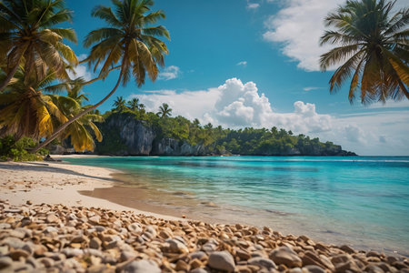 Tropical beach with palm trees and blue sky, Seychelles