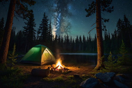 Camping in the forest at night with a bonfire and tentの素材