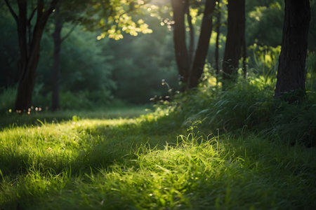 Sunlight in the green forest. Sunset in the forest. Sunlight through the trees.の素材