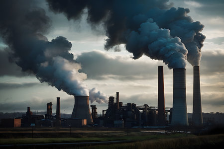 Power plant with smokestack on the background of cloudy skyの素材