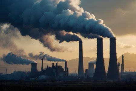 Power plant with smoking chimneys at sunset. Global warming concept.の素材