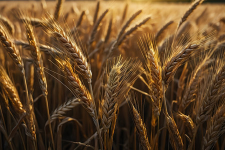 Golden ears of wheat on the field at sunset. Selective focus.の素材