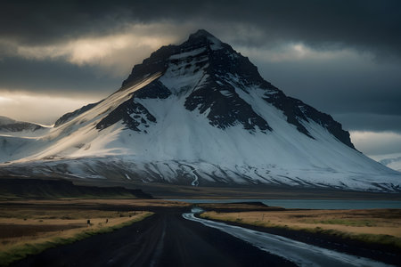 Iceland landscape with road and snow-capped mountain peaks.の素材