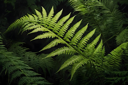 Green fern leaves in dark forest. Nature background. Toned.の素材