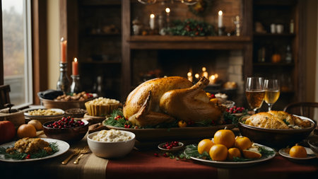 Thanksgiving dinner table with roasted turkeyrated with fruits and vegetablesの素材