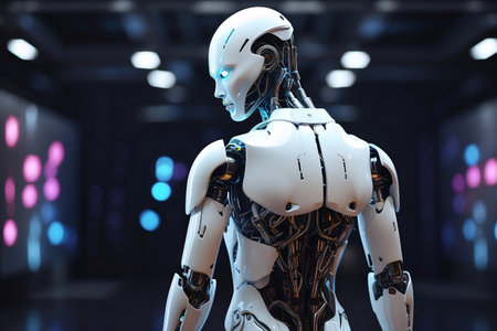 Robot humanoid in cyber space. 3D rendering. Futuristic technology concept.の素材