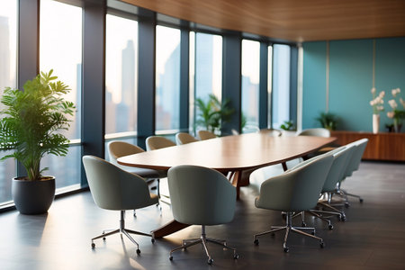 Modern meeting room interior with furniture and city view. 3D Renderingの素材