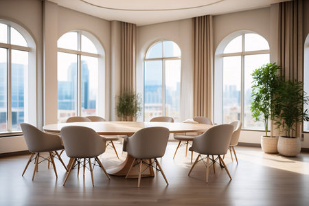 Interior of modern dining room with beige walls, wooden floor, round table with white chairs and window with city view. 3d renderingの素材